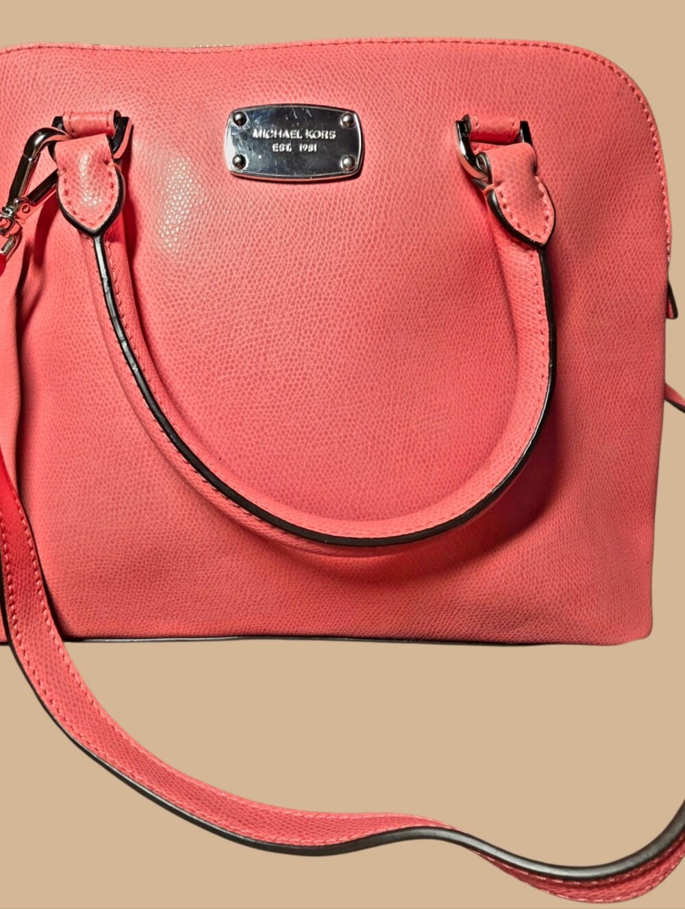 Michael Kors Coral Pebbled Leather Coral Pink Dome Crossbody Satchel